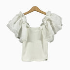 Please top a costine bianco con maniche a volant in organza bambina - Abbigliamento bambini firmato | CDifferent Outlet