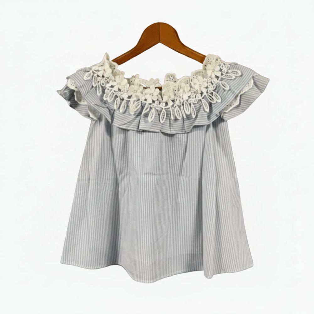 Fun & Fun vestito bambina a righe bianco e azzurro con maxi volant decorato