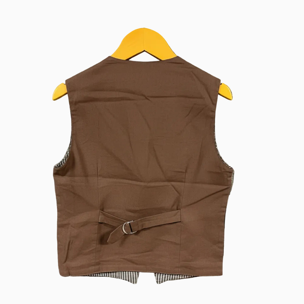 Over-D gilet slim fit fantasia micro quadretti marrone e beige bambino