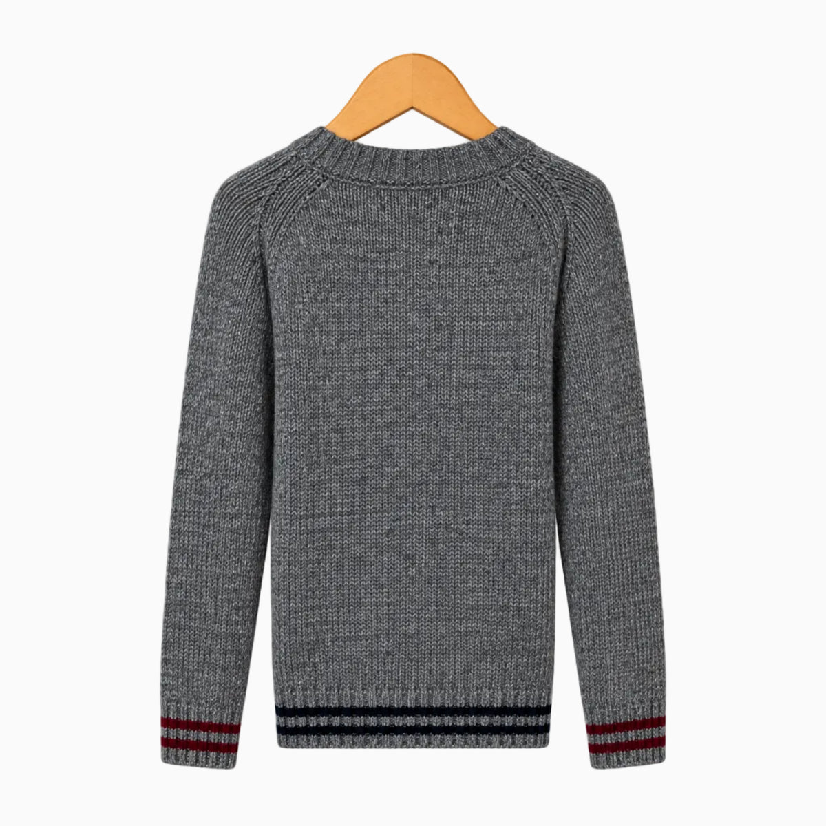 Vista posteriore maglione raglan bambino grigio con coste elastiche e strisce contrastanti