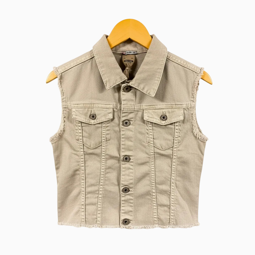 Please gilet in denim per bambina beige con frange