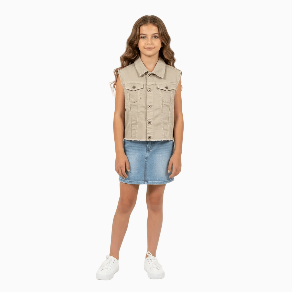 Please gilet in denim per bambina beige con frange