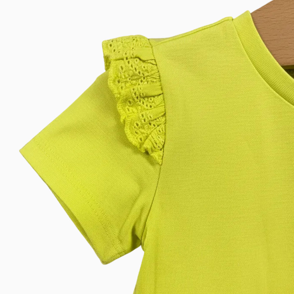 Mayoral t-shirt neonata giallo lime con volant e dettagli in sangallo - Abbigliamento bambini firmato | CDifferent Outlet