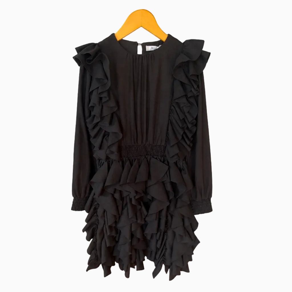 Abito nero bambina con volant e maniche lunghe elasticizzate