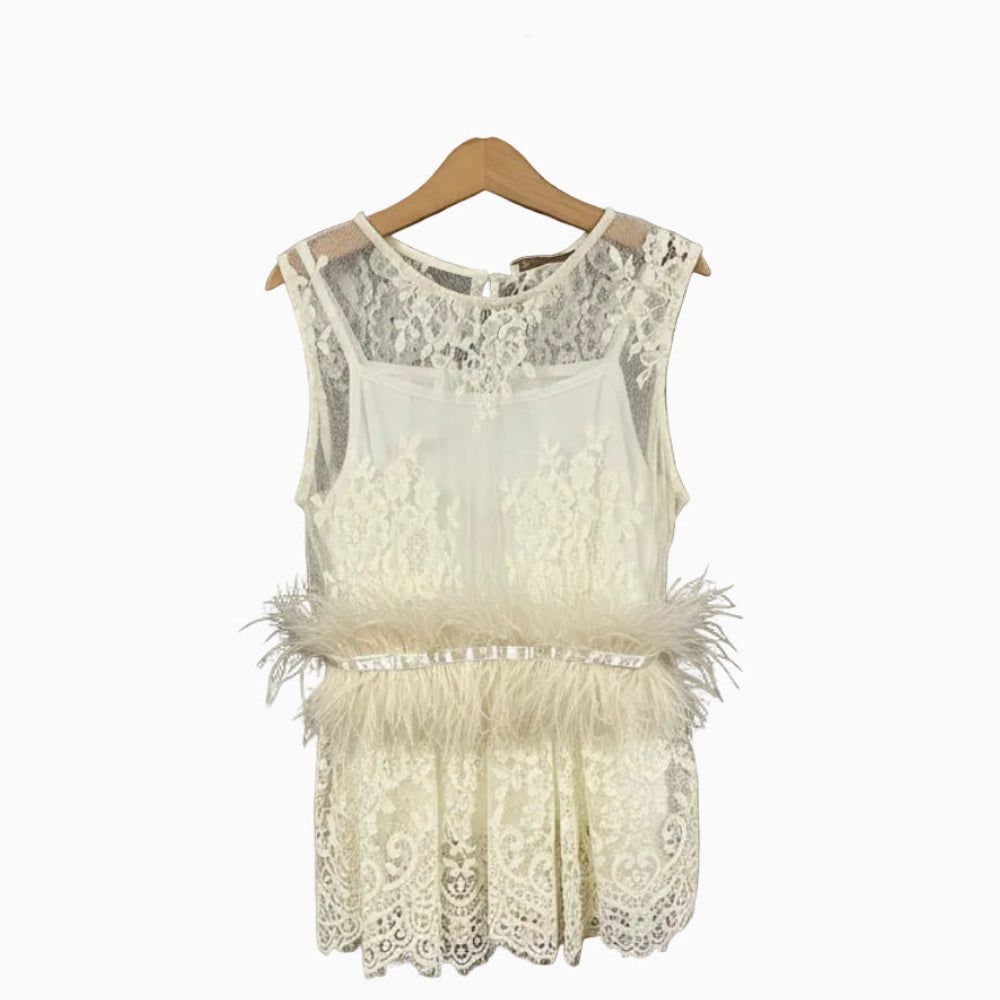 Alice Pi top bambina pizzo e piume panna