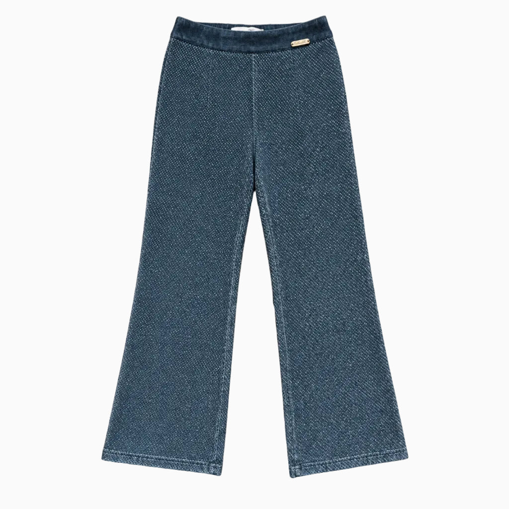 Pantaloni svasati bambina Alice Pi grigio blu metallizzato con vita in velluto
