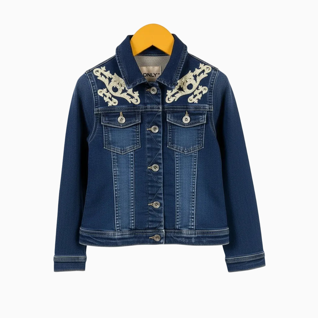 Only giacca blu jeans bambina con ricami