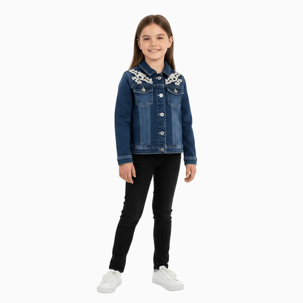 Only giacca blu jeans bambina con ricami