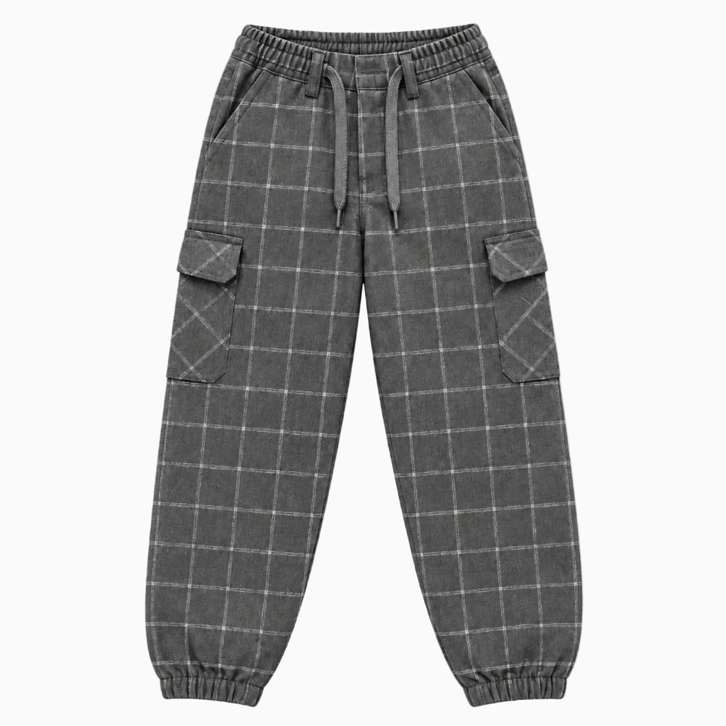 Pantalone cargo bambino Jeckerson grigio a quadri con coulisse regolabile e tasche laterali
