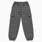 Pantalone cargo bambino Jeckerson grigio a quadri con coulisse regolabile e tasche laterali