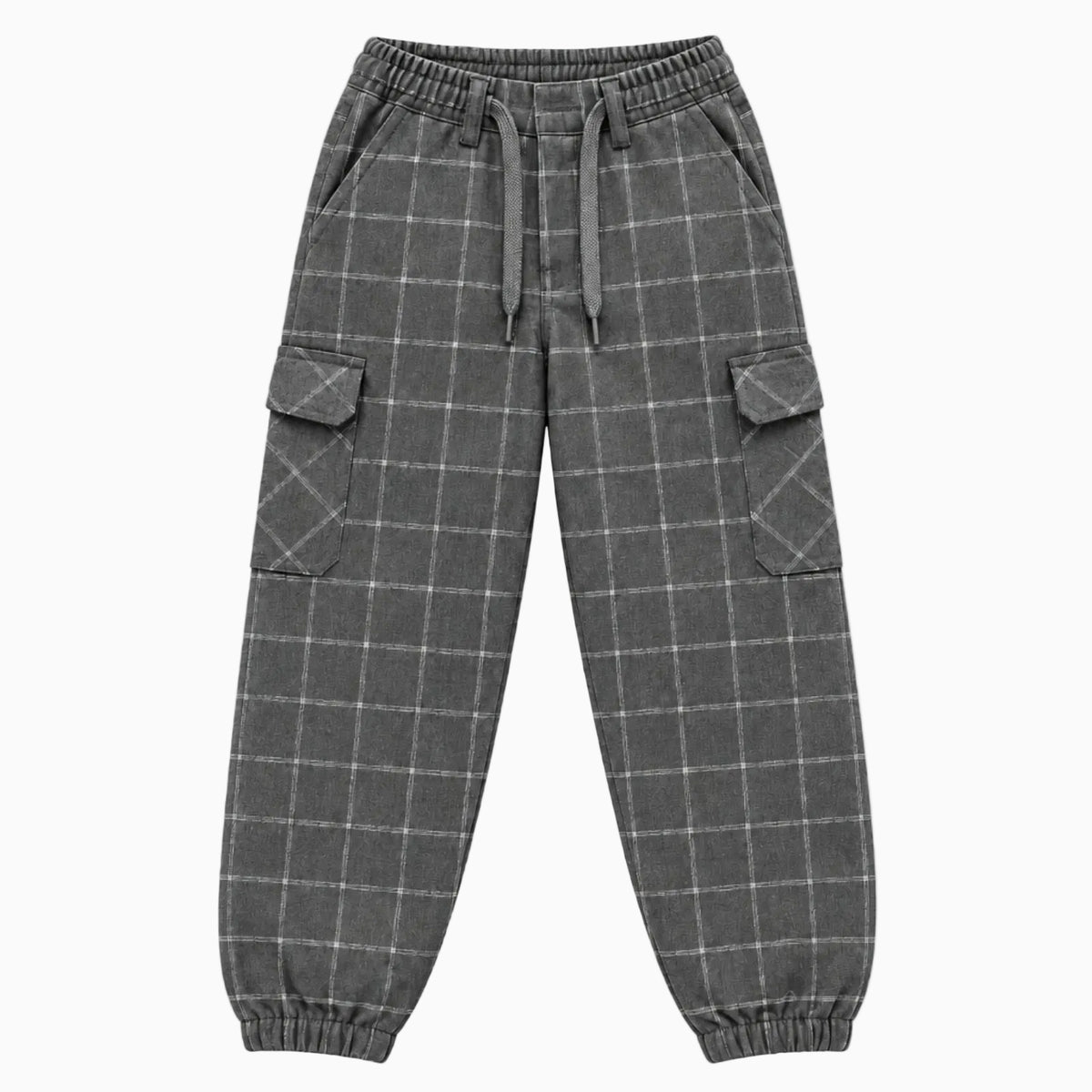 Pantalone cargo bambino Jeckerson grigio a quadri con coulisse regolabile e tasche laterali