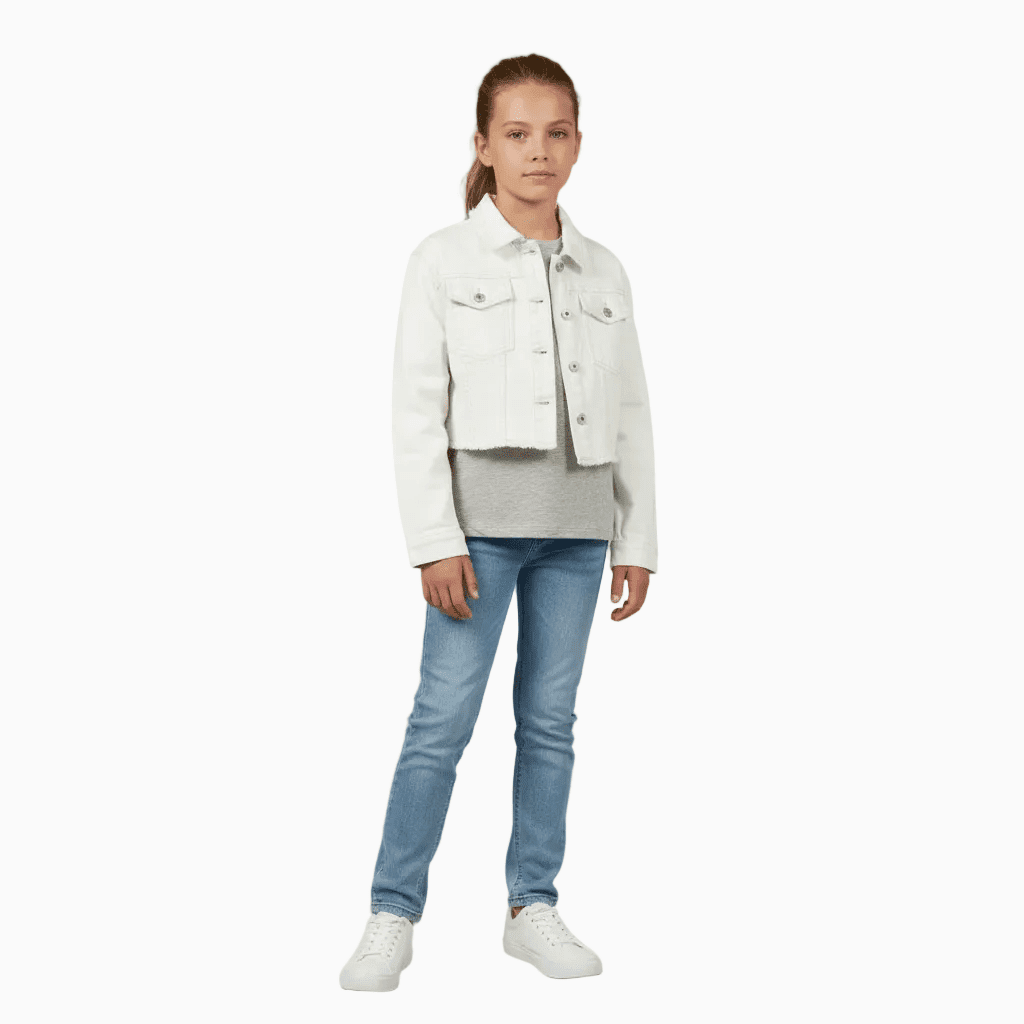 Mayoral giacca di jeans cropped bambina panna con frange - Abbigliamento bambini firmato | CDifferent Outlet