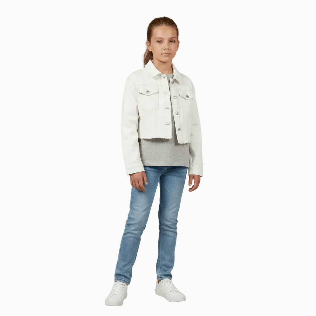 Mayoral giacca di jeans cropped bambina panna con frange