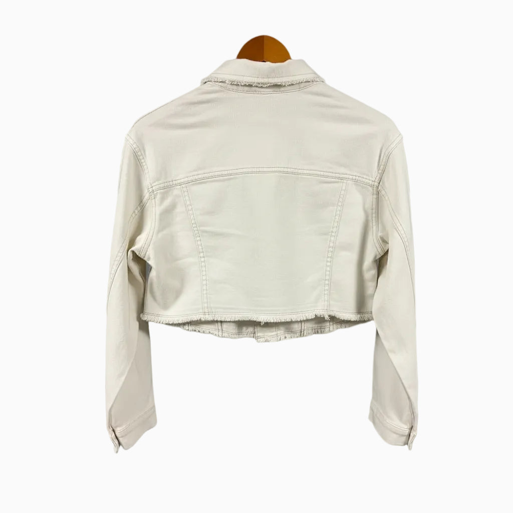 Mayoral giacca di jeans cropped bambina panna con frange