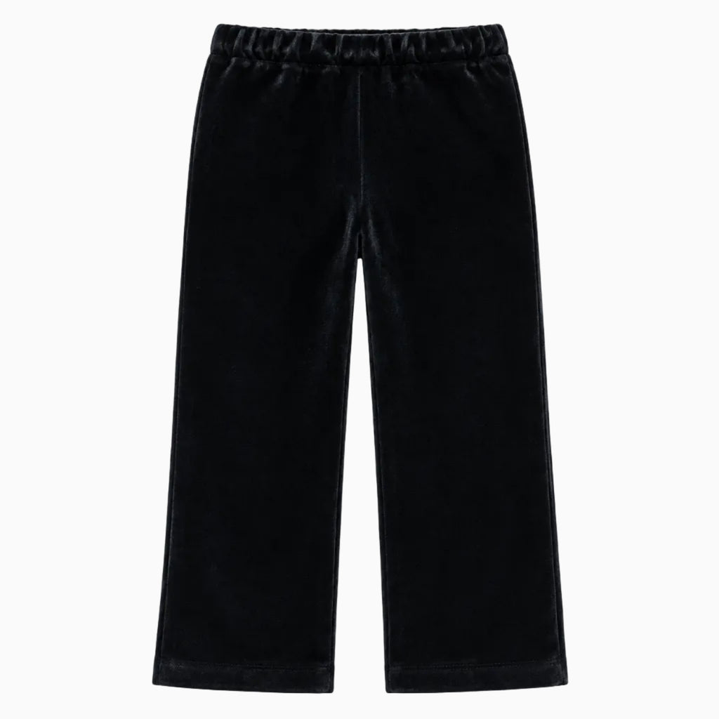 Vista posteriore pantalone velluto nero vita elastica taglio largo