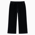 Vista posteriore pantalone velluto nero vita elastica taglio largo