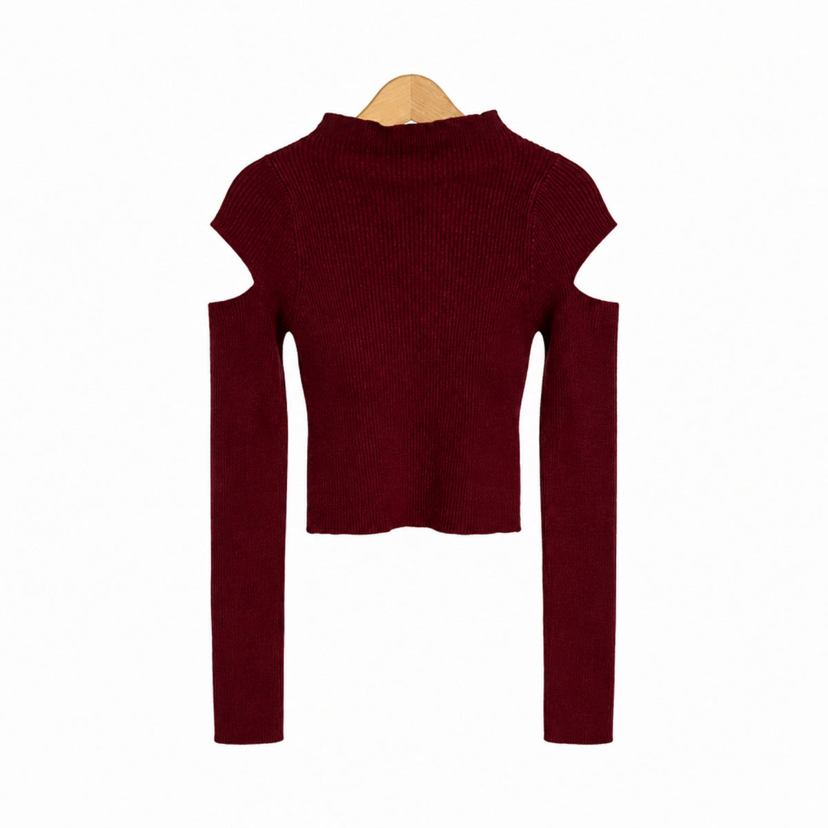 Schiena maglione aderente bordeaux a coste con dettagli cut-out sulle spalle