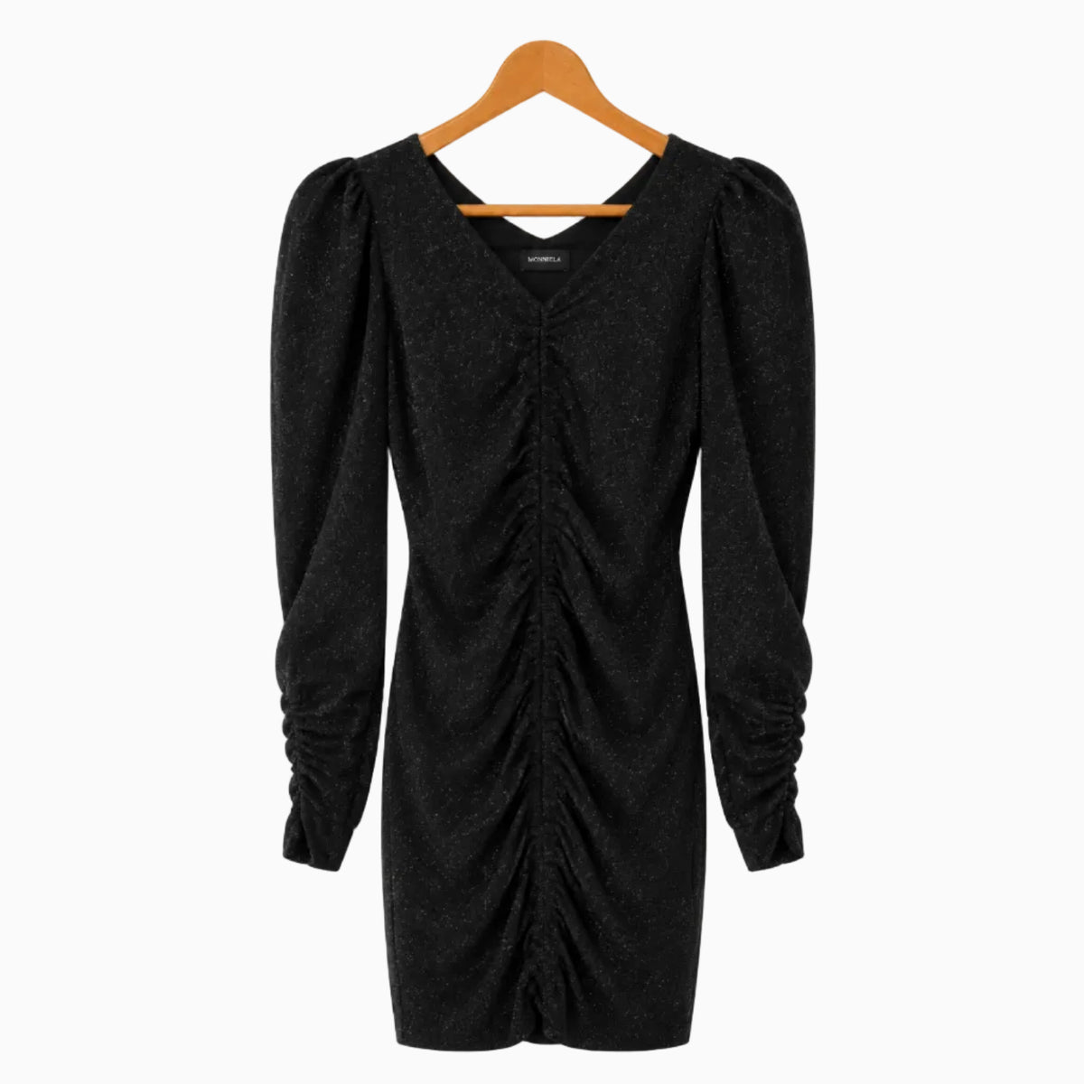 Vestito corto nero bambino con drappeggio centrale e maniche a palloncino su sfondo bianco