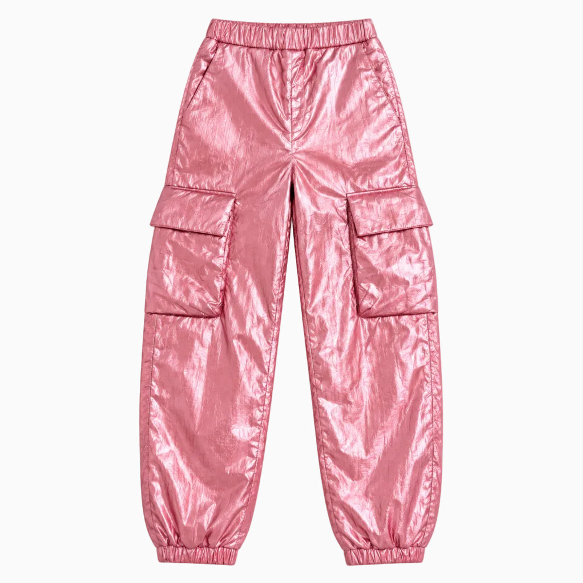 Vista posteriore pantalone cargo ragazza tasche glutei finitura lucida crinkled rosa