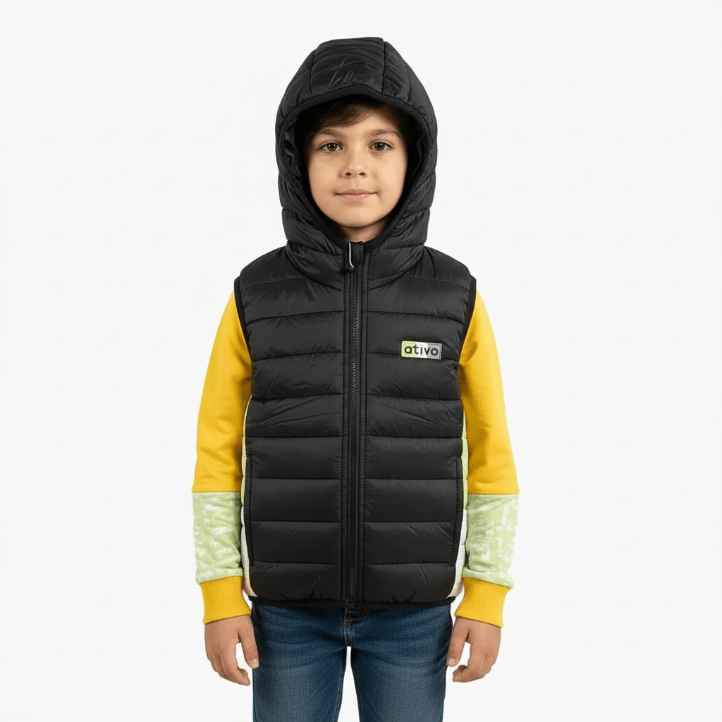 Ativo piumino smanicato con cappuccio bambino nero