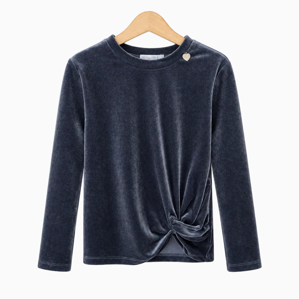 Maglia velutata blu navy bambina con ciondolo cuore e nodo laterale