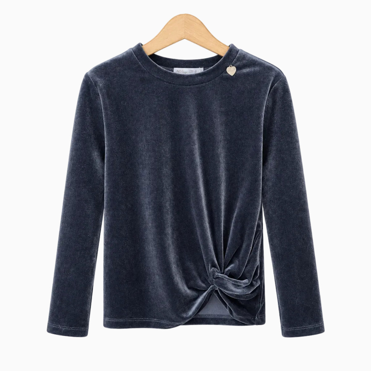 Maglia velutata blu navy bambina con ciondolo cuore e nodo laterale