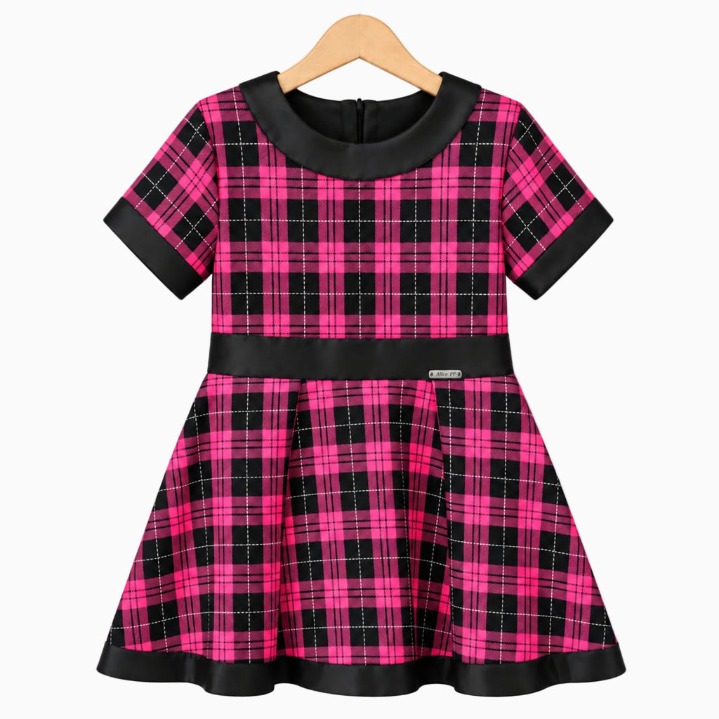 Abito corto tartan fucsia e nero con inserti ecopelle nera per bambina