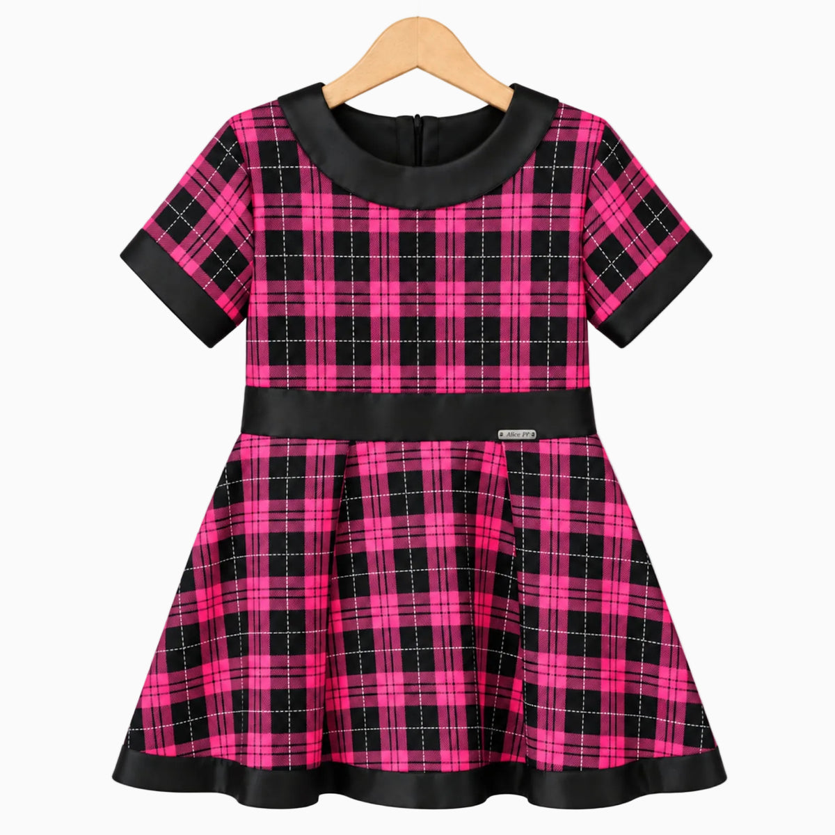 Abito corto tartan fucsia e nero con inserti ecopelle nera per bambina