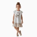 Mayoral vestito bianco a manica corta e gonna a pieghe beige bambina - Abbigliamento bambini firmato | CDifferent Outlet