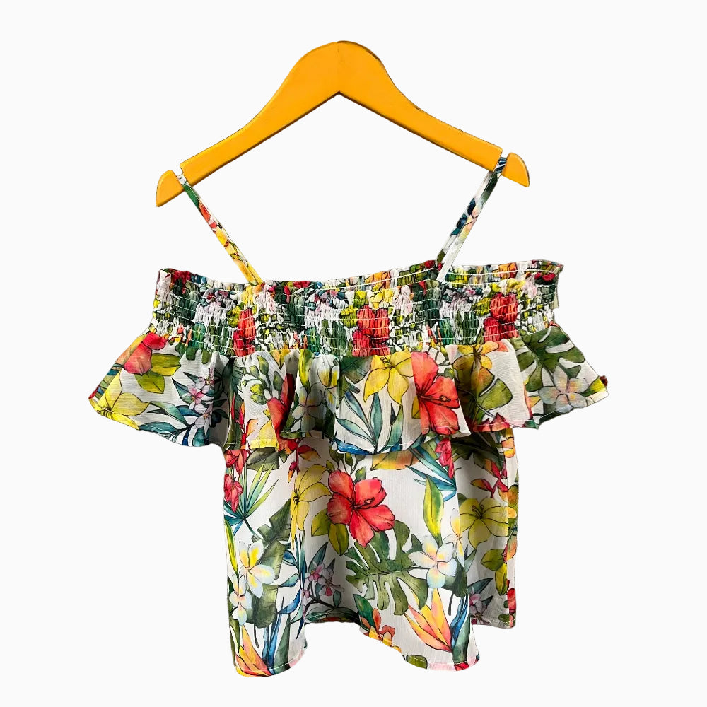 Mayoral top bambina stampa floreale tropicale con balza e spalle scoperte