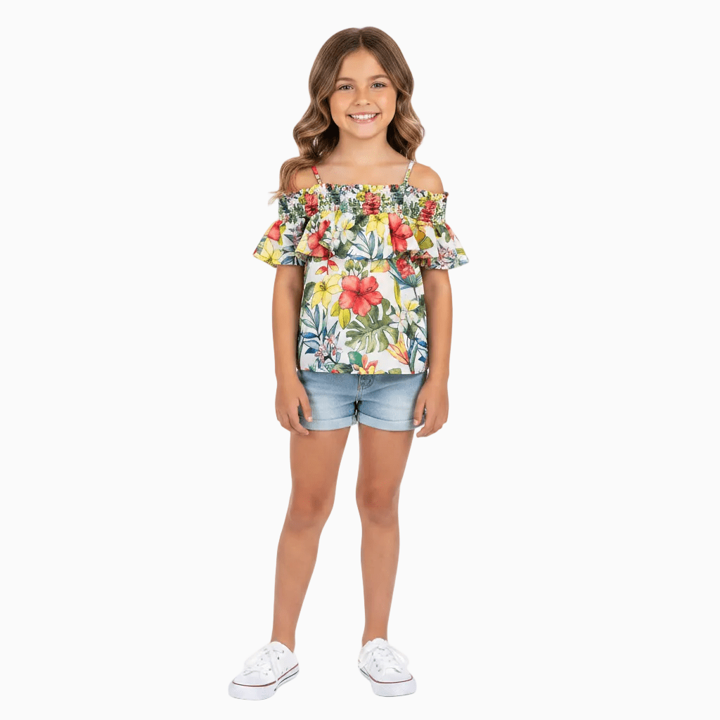 Mayoral top bambina stampa floreale tropicale con balza e spalle scoperte
