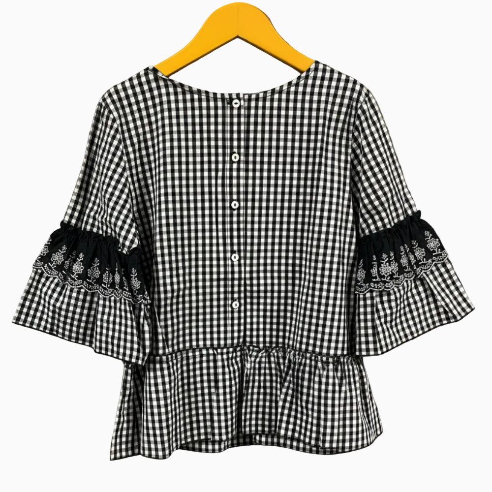 T-Love blusa a quadretti con balze, ricamo sangallo e dettaglio rouches posteriore bambina - Abbigliamento bambini firmato | CDifferent Outlet