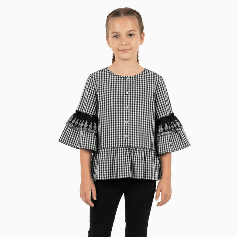 T-Love blusa a quadretti con balze, ricamo sangallo e dettaglio rouches posteriore bambina
