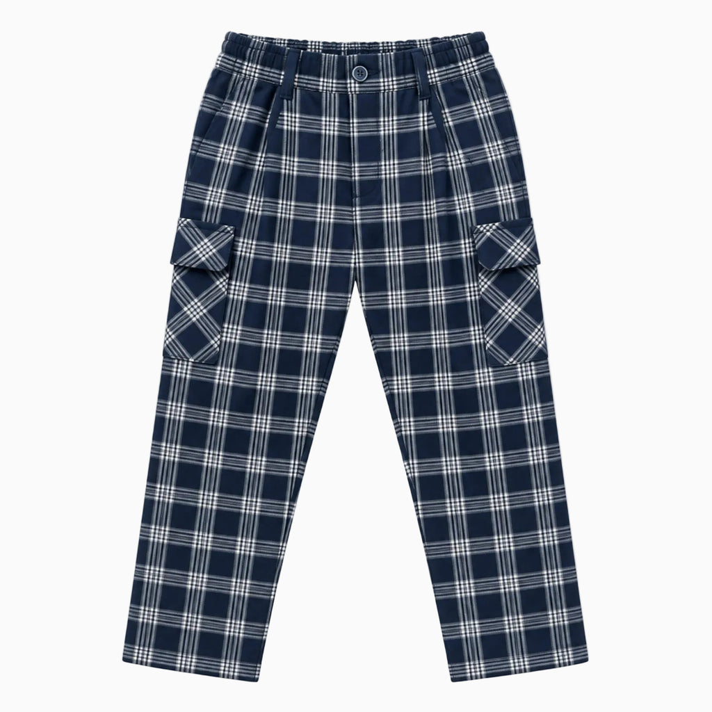 Jeckerson pantalone cargo bambino a quadri blu e bianco con tasconi laterali