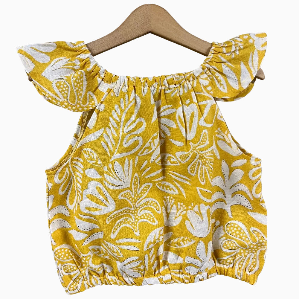 Mayoral top giallo senape con bottoni frontali e stampa botanica bianca bambina