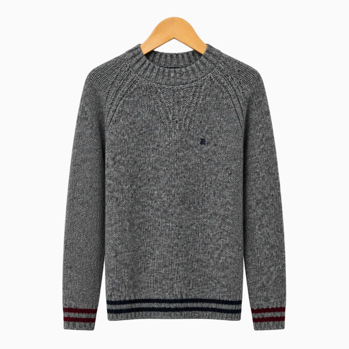 Maglione bambino grigio melange Mayoral con scollo rotondo e bordi rigati nero bordeaux