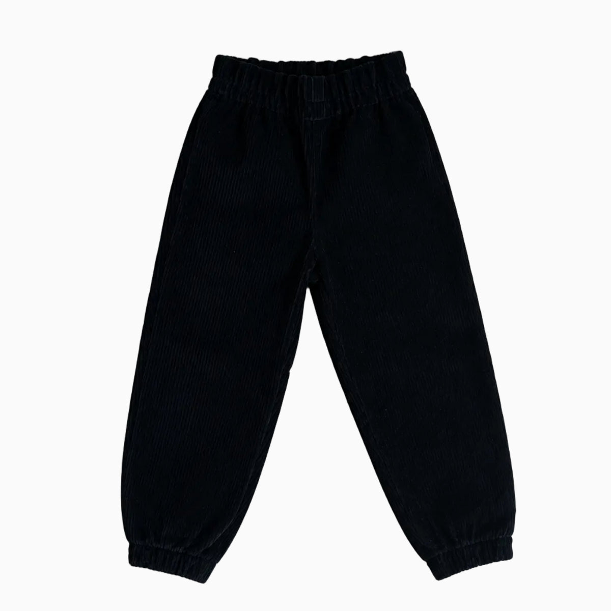 Vista posteriore pantalone velluto a coste nero con dettagli elastici vita e caviglie