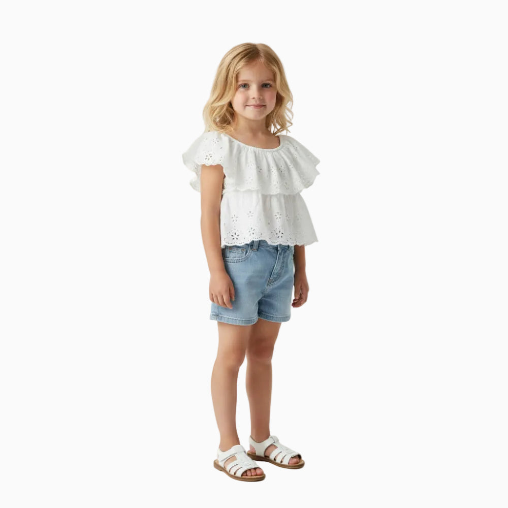 Mayoral crop top in sangallo bianco con volant bambina - Abbigliamento bambini firmato | CDifferent Outlet