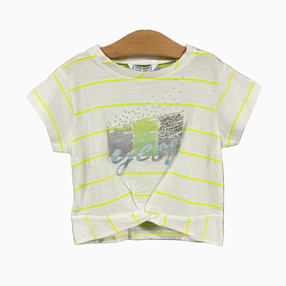 Mayoral t-shirt a righe bianche e gialle con nodo frontale bambina
