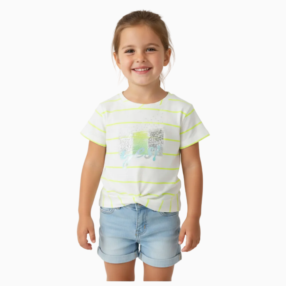 Mayoral t-shirt a righe bianche e gialle con nodo frontale bambina