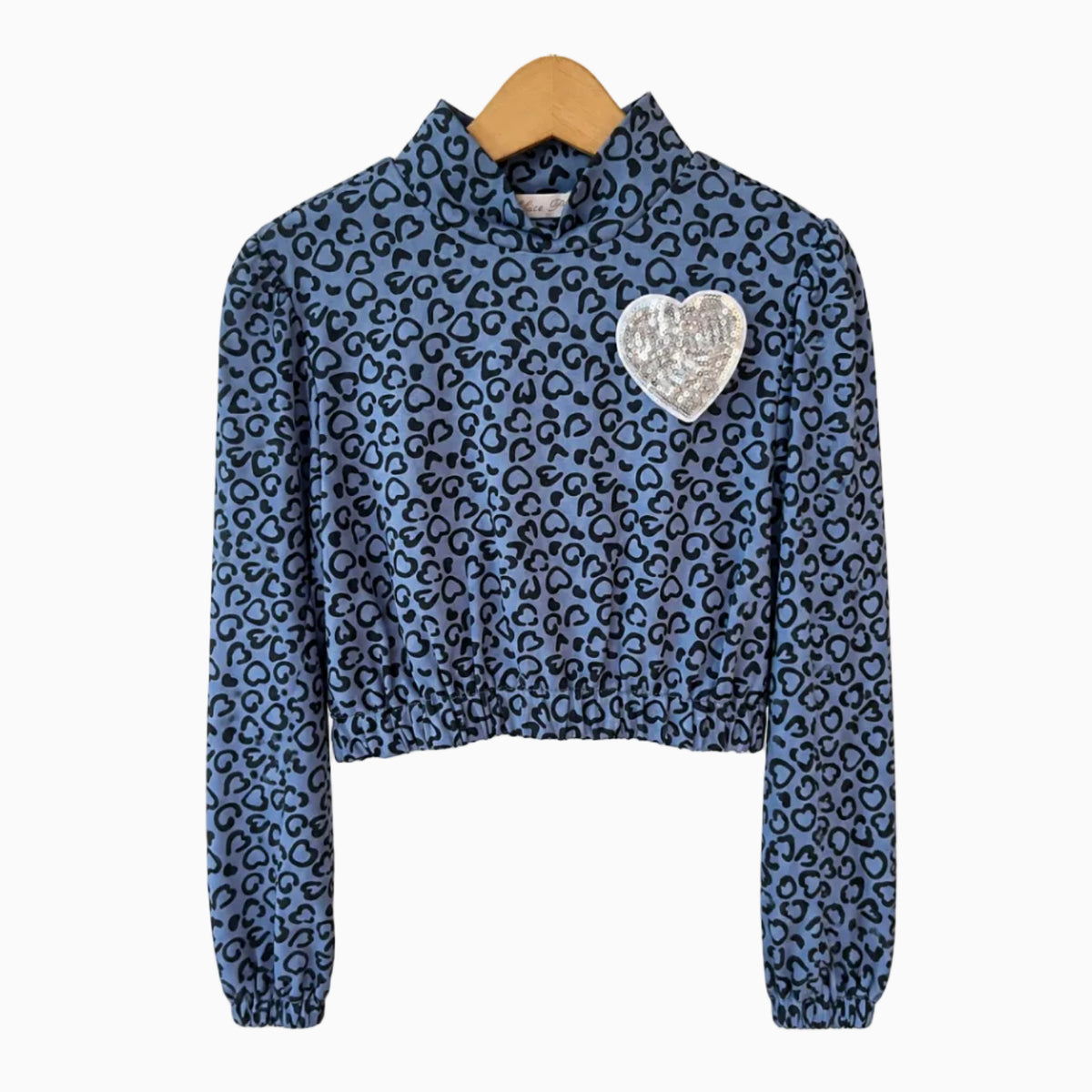 Vista frontale top ragazza blu maniche lunghe sbuffette spilla cuore ricami
