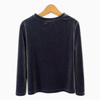 Schiena maglia bambina velluto blu navy con nodo laterale e maniche lunghe