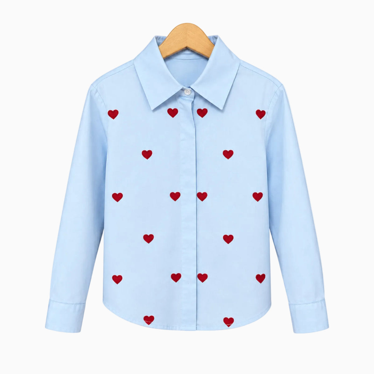 Camicia bambina celeste cuori rossi ricamati in rilievo