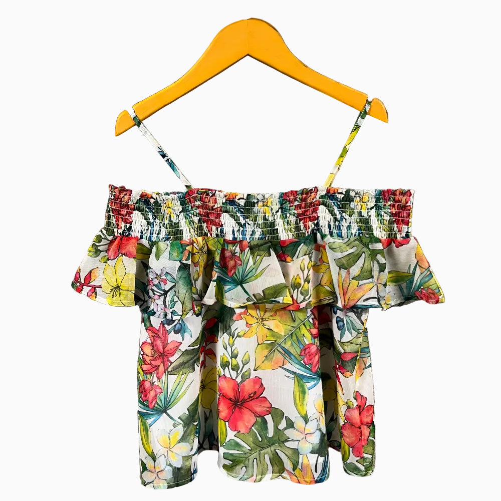 Mayoral top bambina stampa floreale tropicale con balza e spalle scoperte