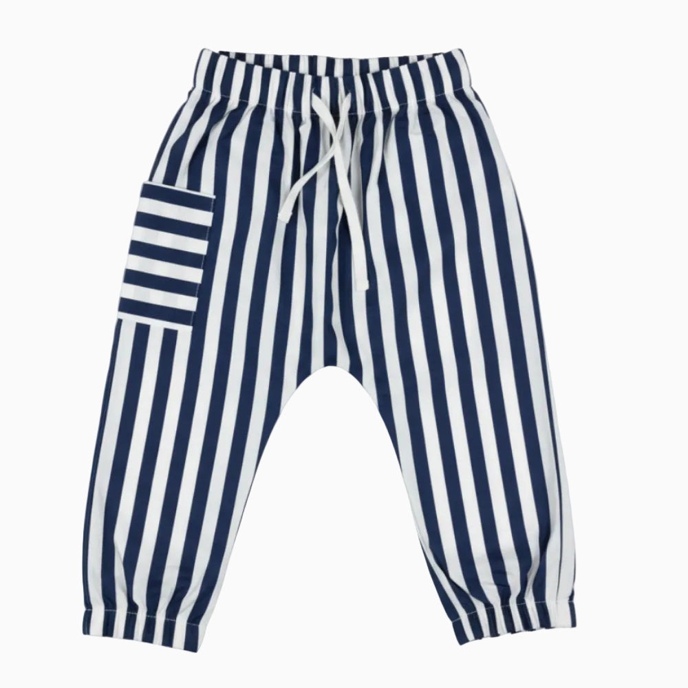 Sarabanda pantalone bambino leggero a righe bianco e blu con tascone - Abbigliamento bambini firmato | CDifferent Outlet