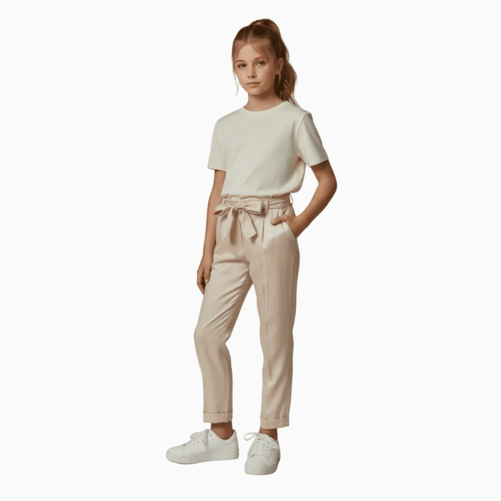 Kocca pantalone satinato con cintura a fiocco rosa cipria