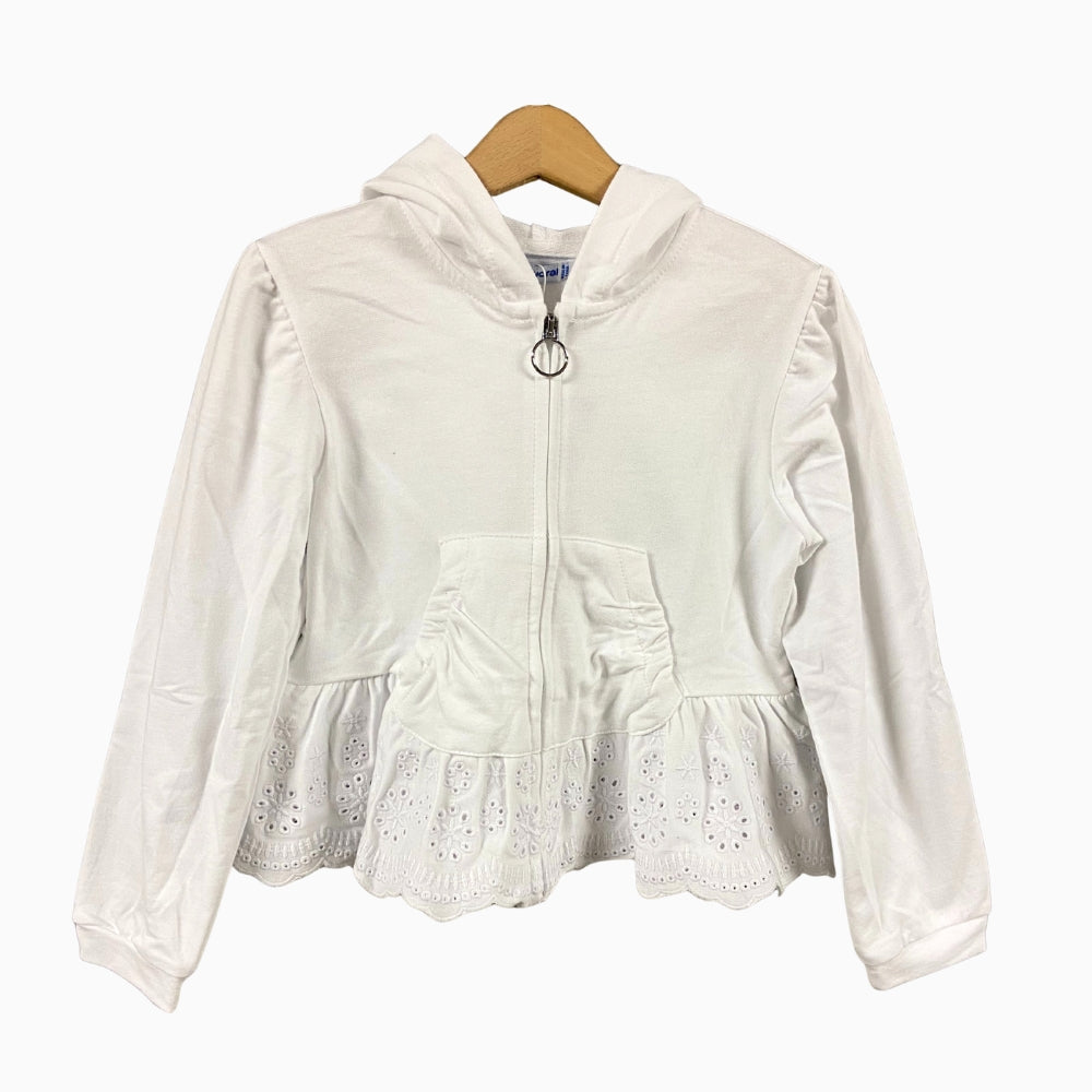 Mayoral felpa bianca bambina con cappuccio e pizzo Sangallo - Abbigliamento bambini firmato | CDifferent Outlet
