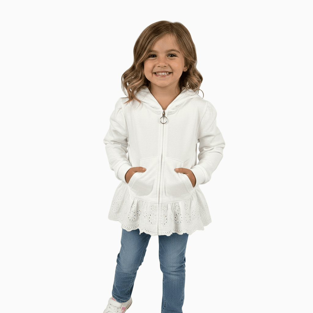 Mayoral felpa bianca bambina con cappuccio e pizzo Sangallo