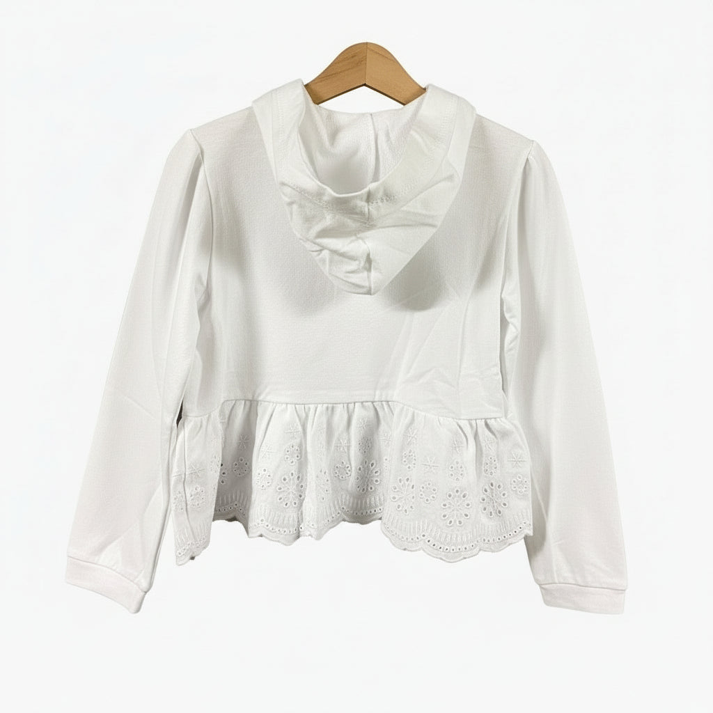 Mayoral felpa bianca bambina con cappuccio e pizzo Sangallo