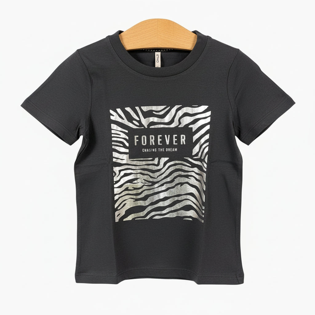 Only t-shirt manica corta bambina con animalier argento